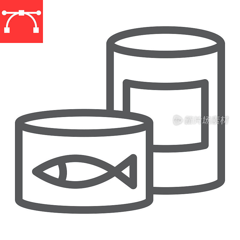 罐头食品线图标，锡罐和容器，罐头鱼符号矢量图形，可编辑笔画线性图标，eps 10。